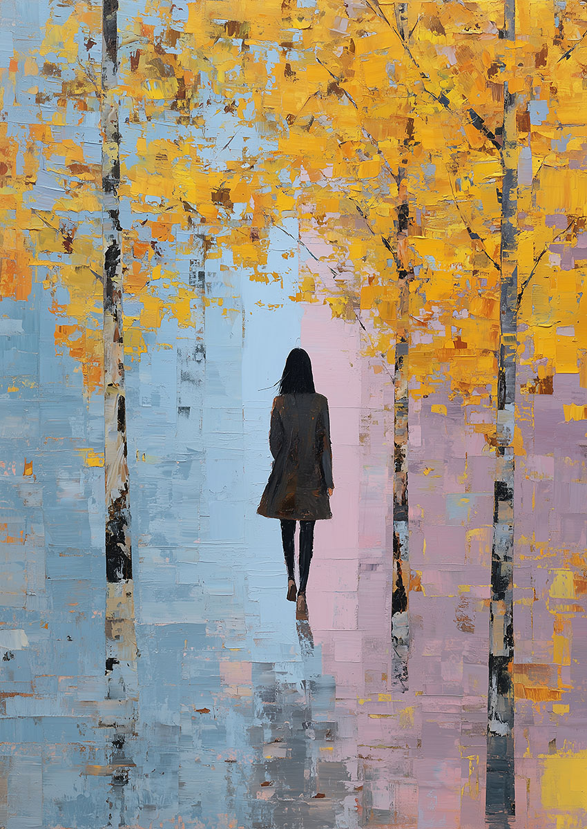 Artistic depiction of a vibrant yellow autumn forest scene with a figure walking through